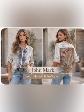 Johnny Was (John Mark Line)Embroidered Boho
Patchwork Back Button Down Top L